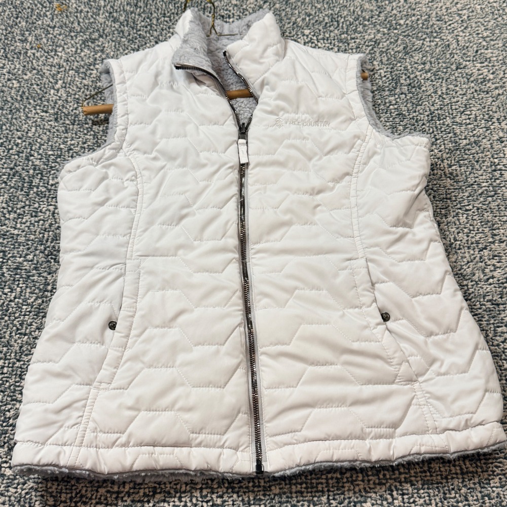 Free Country Womens White Hexagonal Quilted Puffer Vest Faux Fur Lining Small